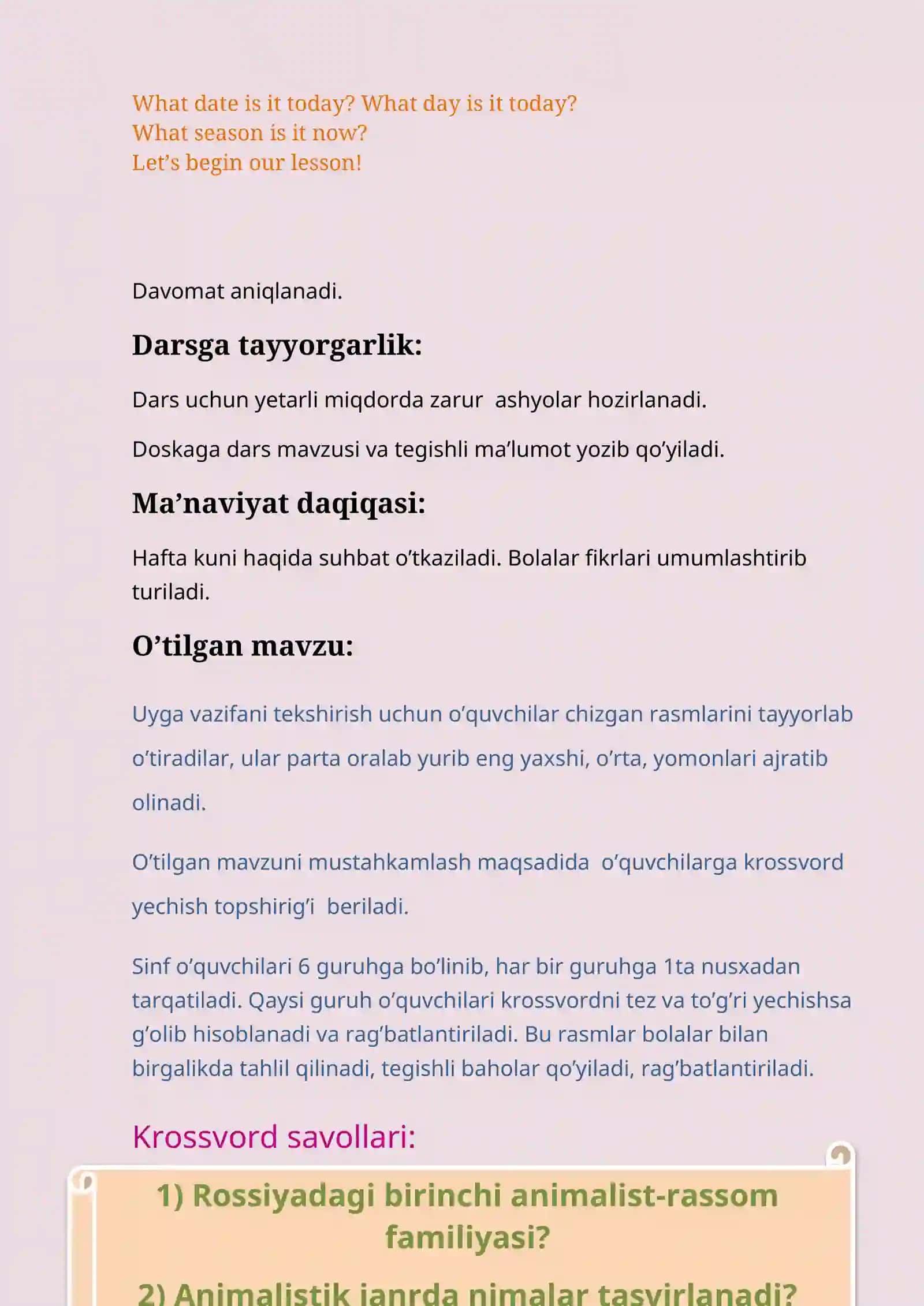 5-sinf Tasviriy san'at Men sevgan hayvon rasmini ishlash dars ishlanma 2