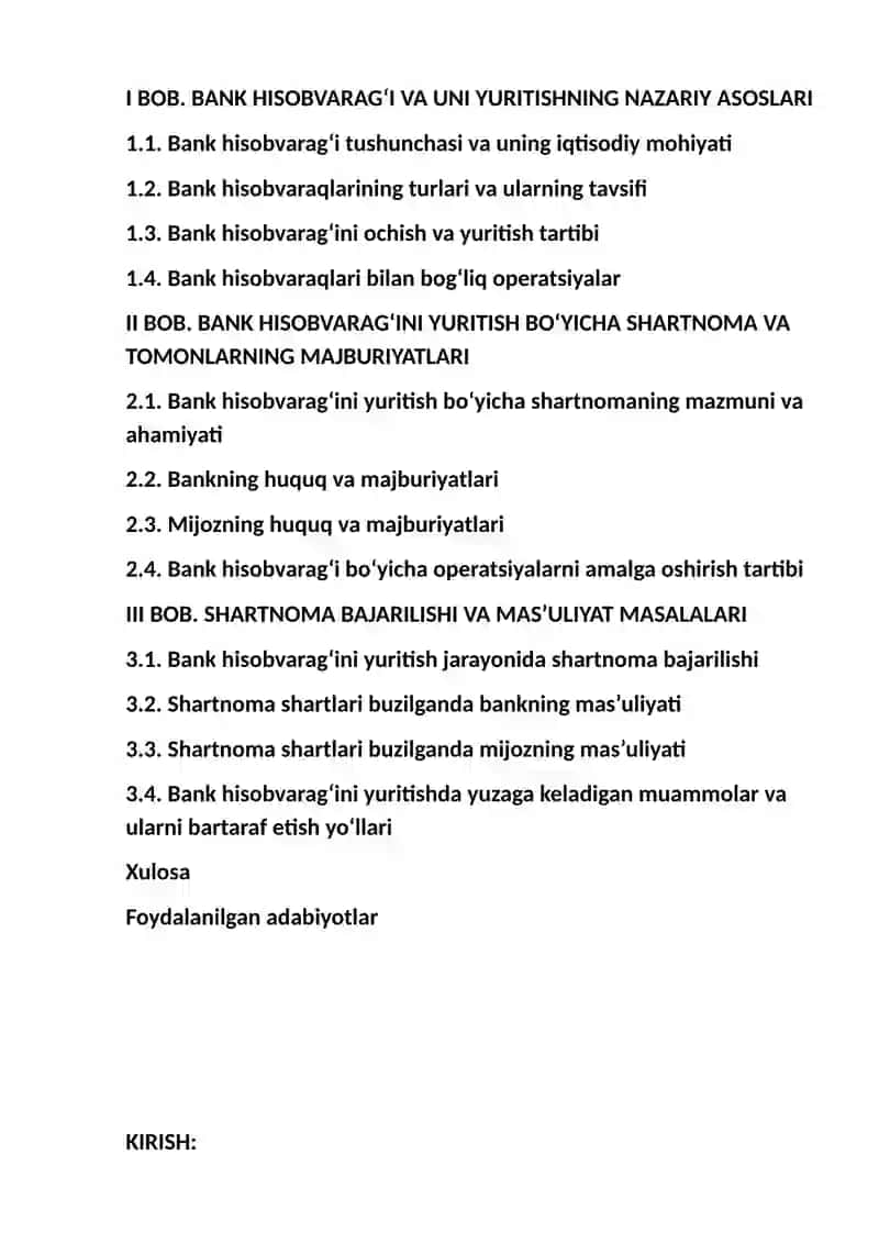 Bank hisobvarag’ini yuritish bo‘yicha bank va mijoz o‘rtasidagi shartnoma va uning bajarilishi yuzas 2