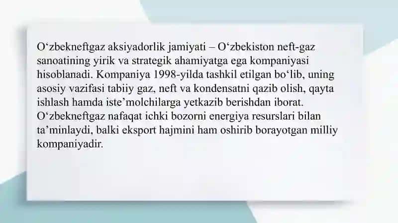 O‘zbekneftgaz AJ slayd korxona tahlili 2