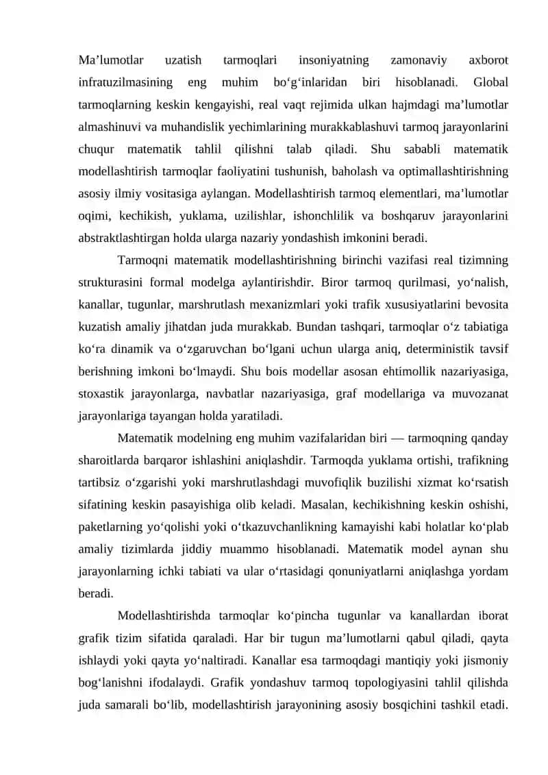 MA'LUMOTLAR UZATISH TARMOG'INING MATEMATIK VA SIMULYATSIYALASH MODELLARI 2