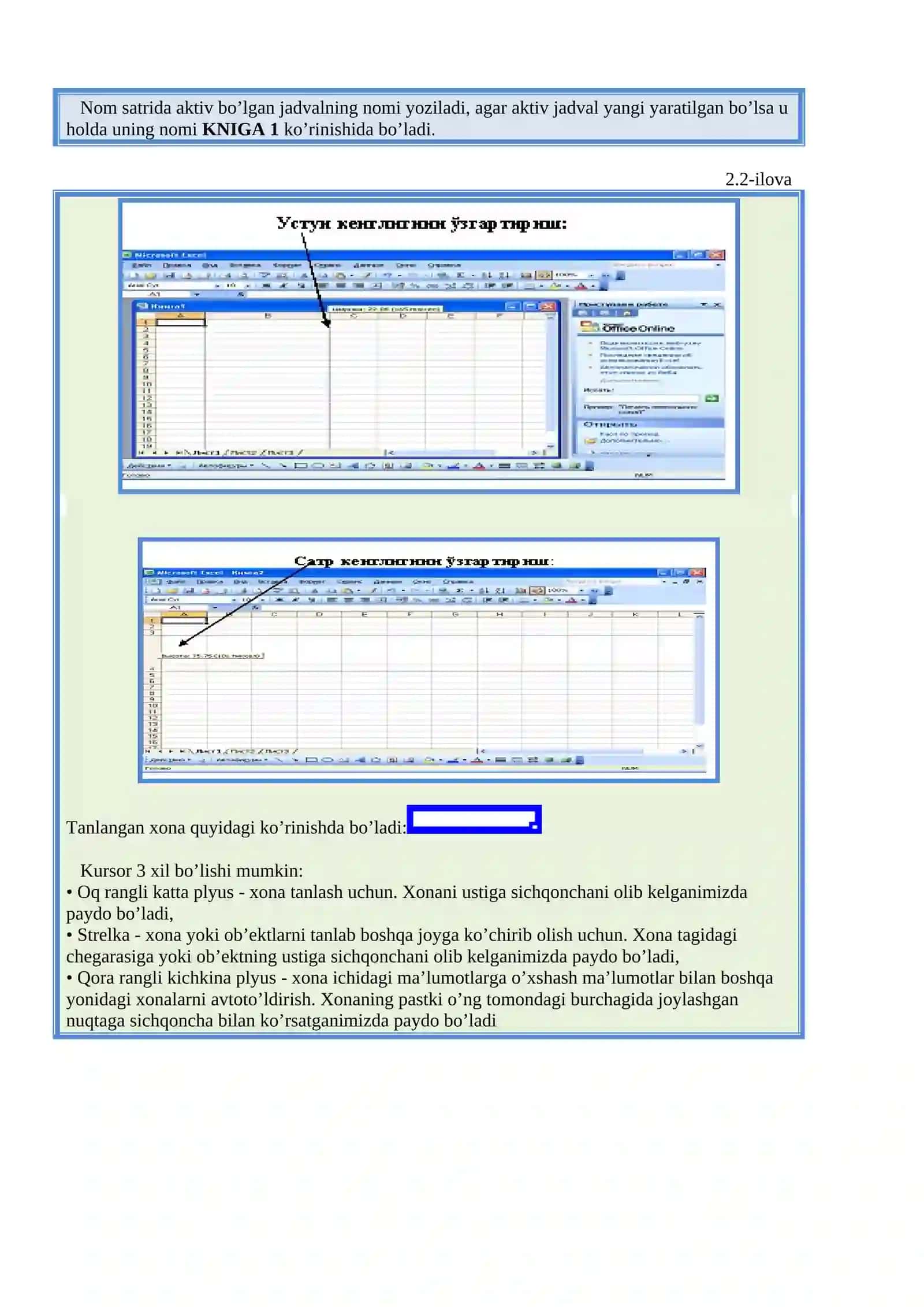 Elektron jadval muharrirlari. MS Excel dasturi 2