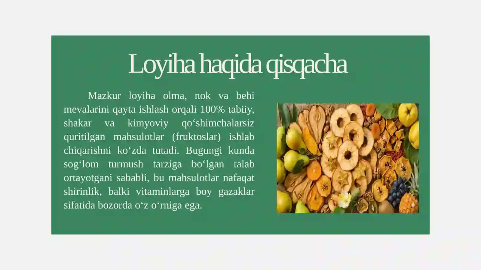 (100 millionlik loyiha ishi)  Quritilgan mevalar ishlab chiqarish korxonasi 2