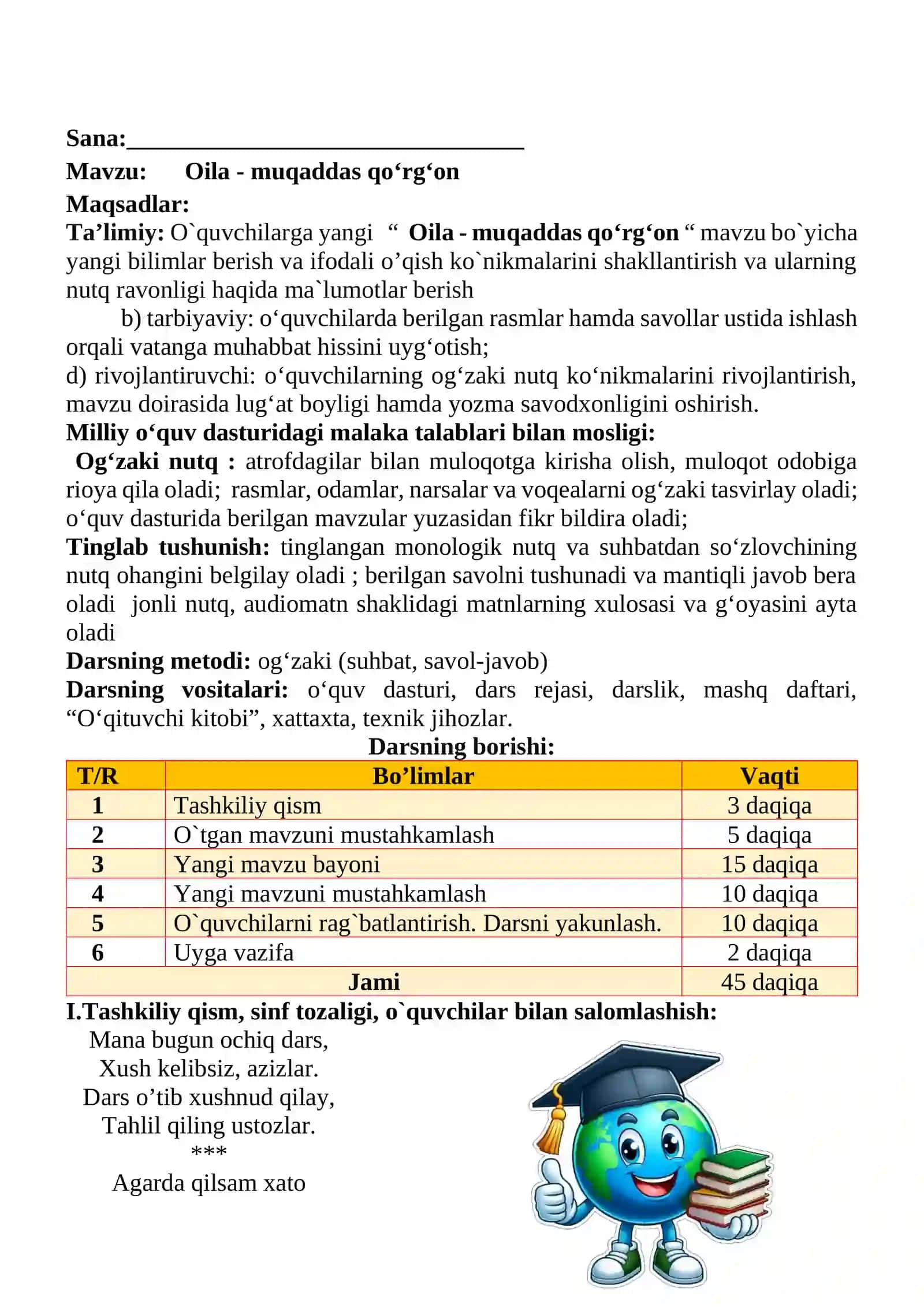 Oila - muqaddas qo‘rg‘on mavzusida 2-sinf O'qish fanidan dars ishlanmasi 2