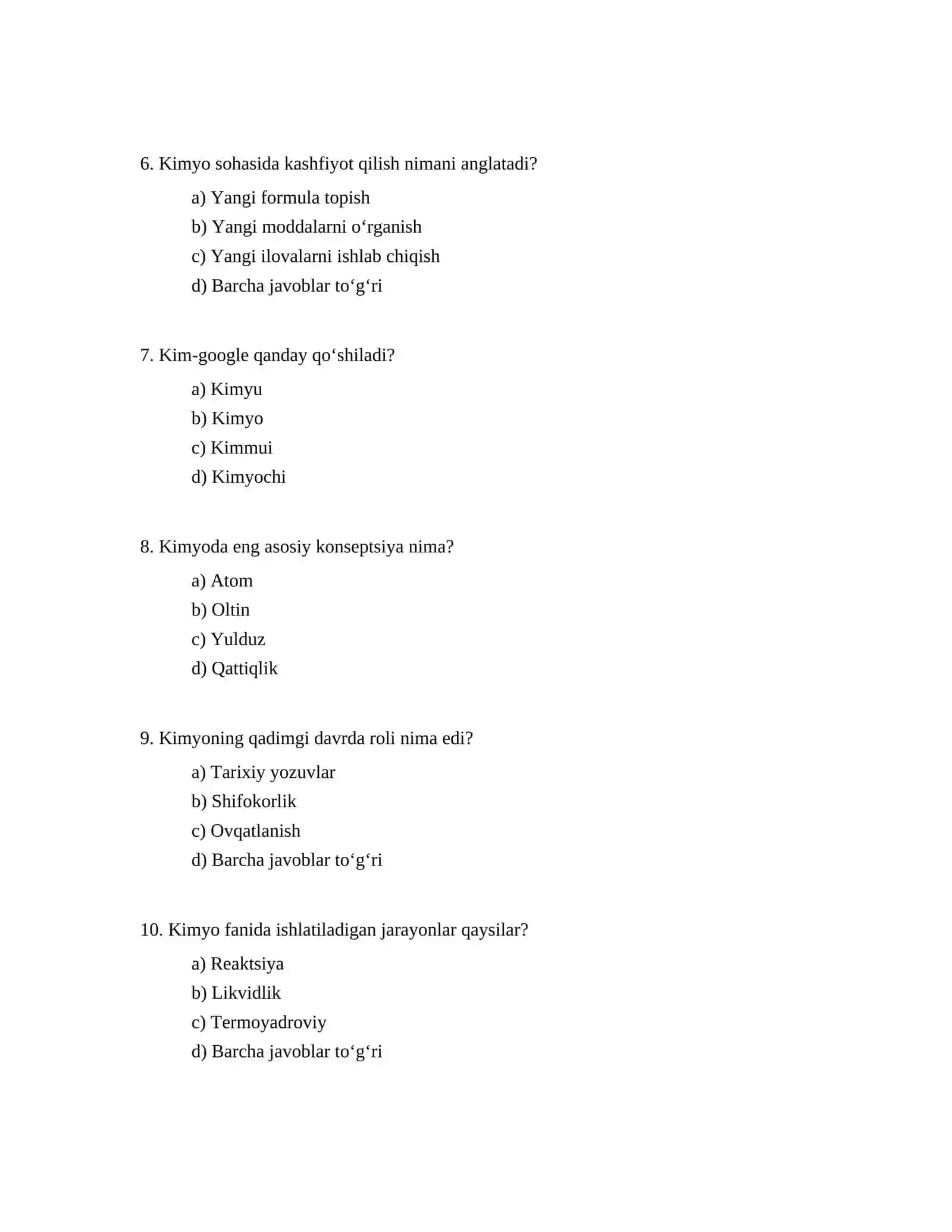 Kimyodan muqobil javobli testlar tuzish 2