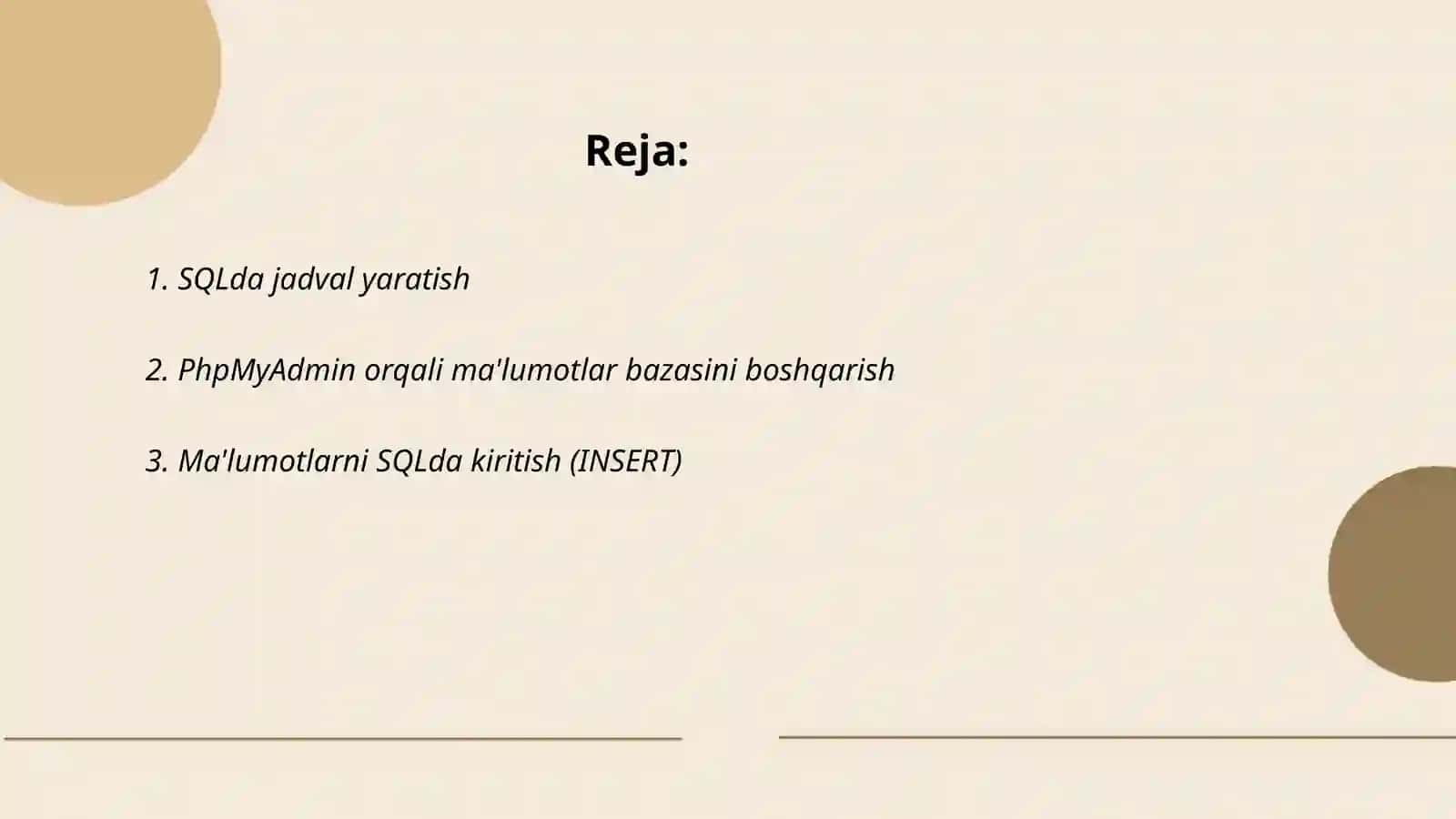 SQLda Xammp php myadmin bolimlarining ishchi oynasi 2