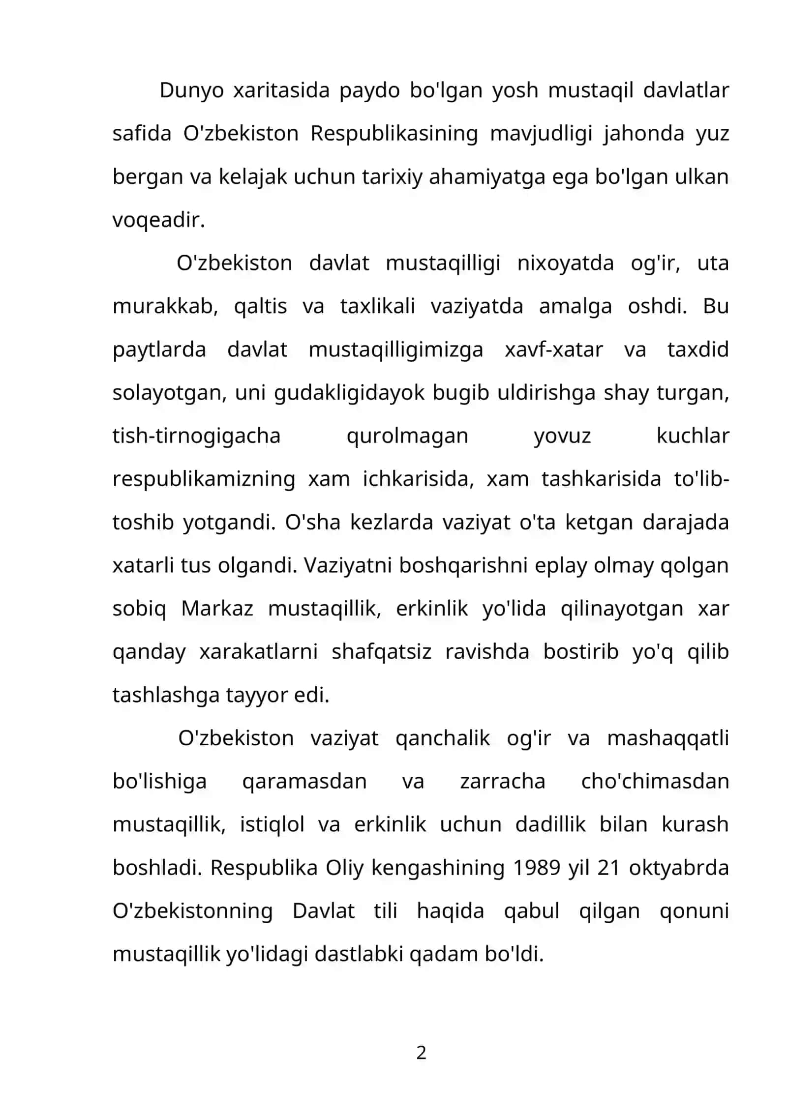Mustaqil O`zbekistonning tashkil topishi tarixiy ahamiyati 2