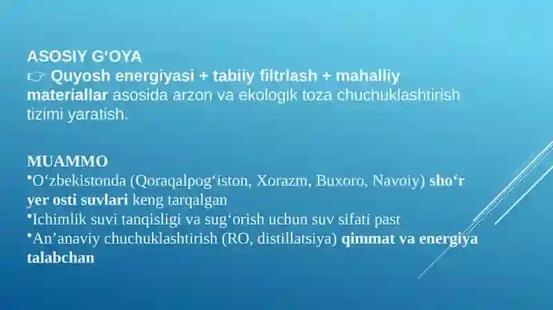 O'zberiston sharoiti dasho'r suvlarini chuchuklash 2