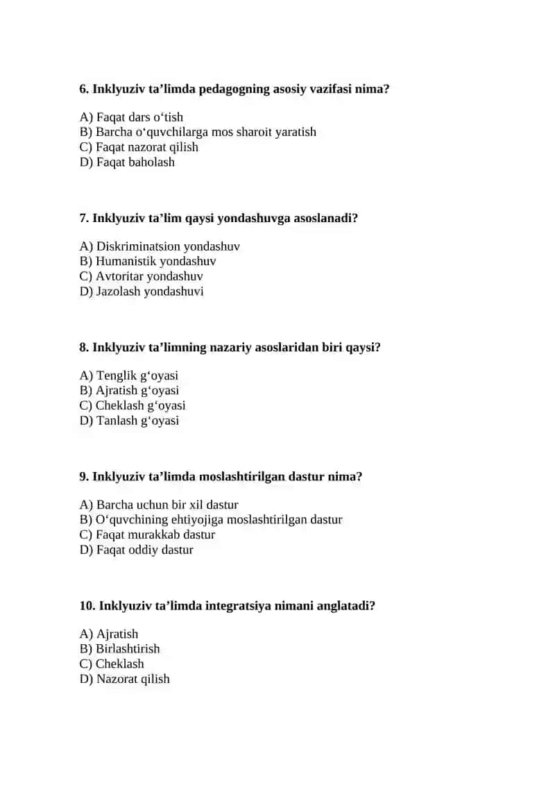 Inklyuziv ta’limning metodologik va nazariy asoslari test 2
