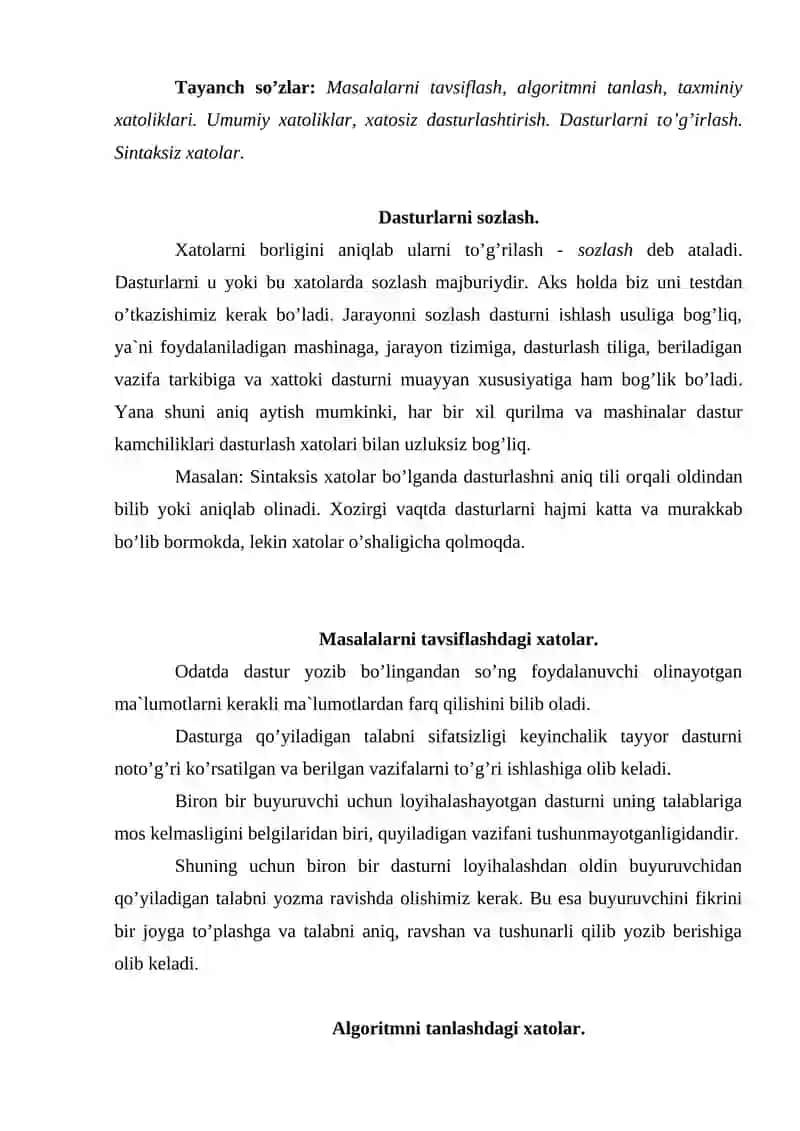 Dasturlashdagi xatoliklar va ularni to'g'rilash 2
