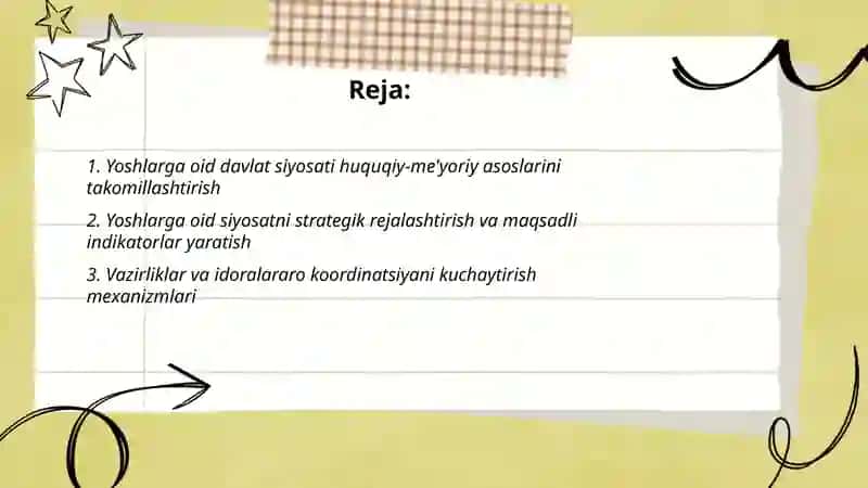 Yoshlarga oid davlat siyosatining izchil va samarali tashkil etish 2