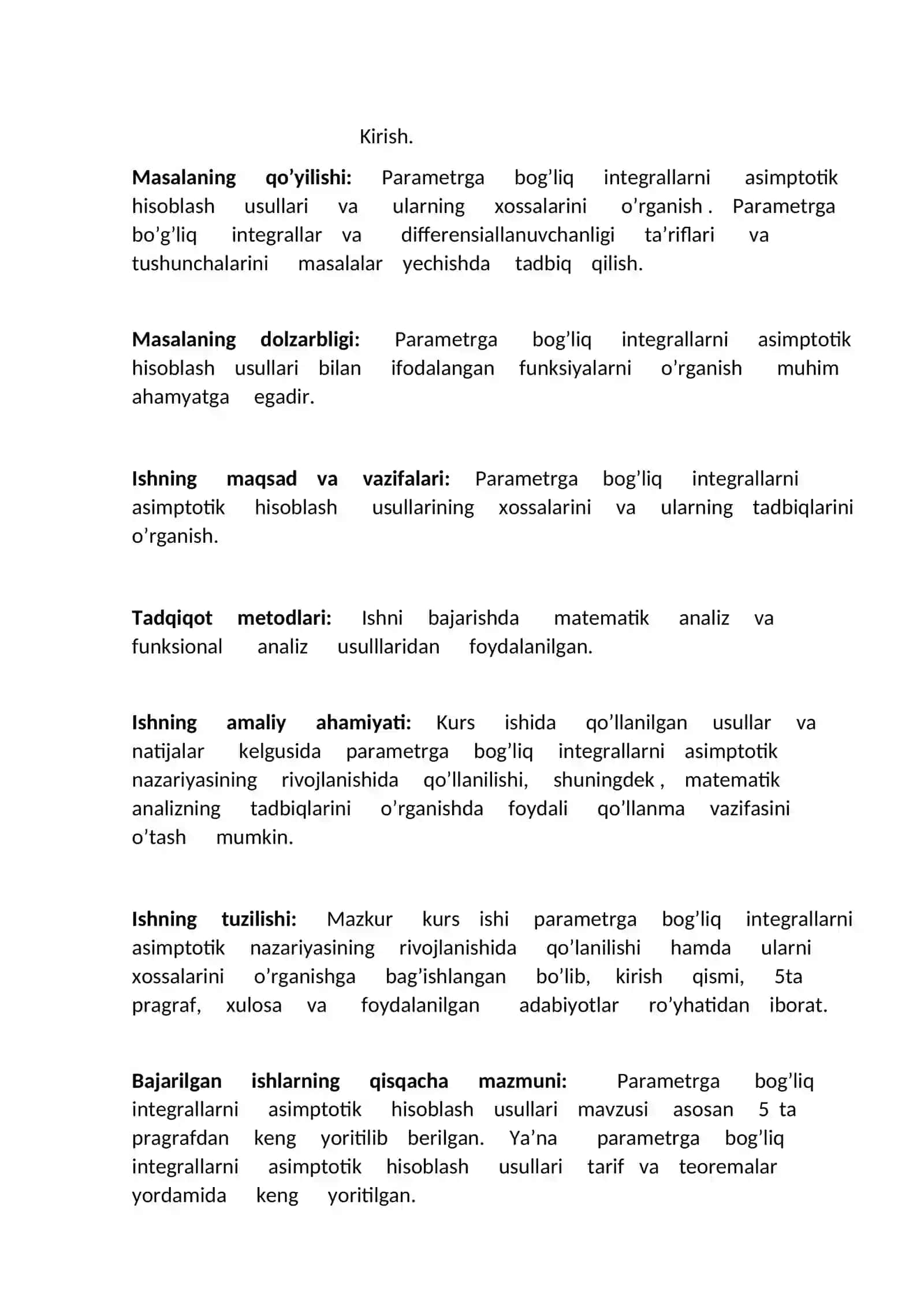 Parametrga bog’liq integrallarni asimptotik hisoblash usullari 2