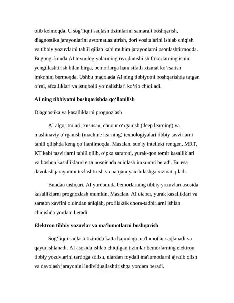 Sun'iy Intellekt Tibbiyotni Boshqarishda 2