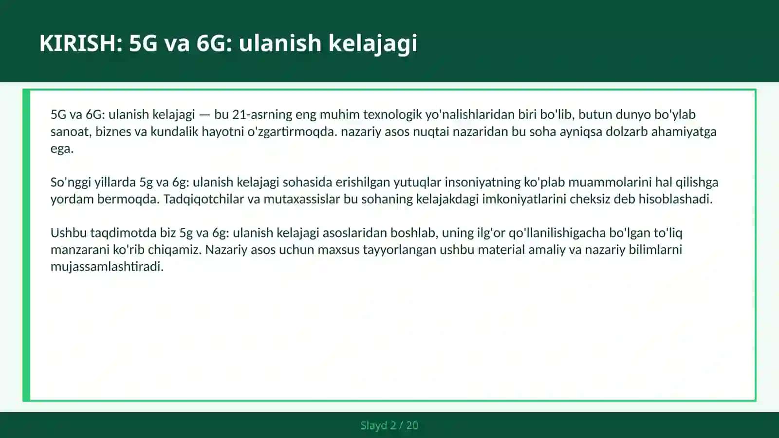 5G VA 6G: ULANISH KELAJAGI 2