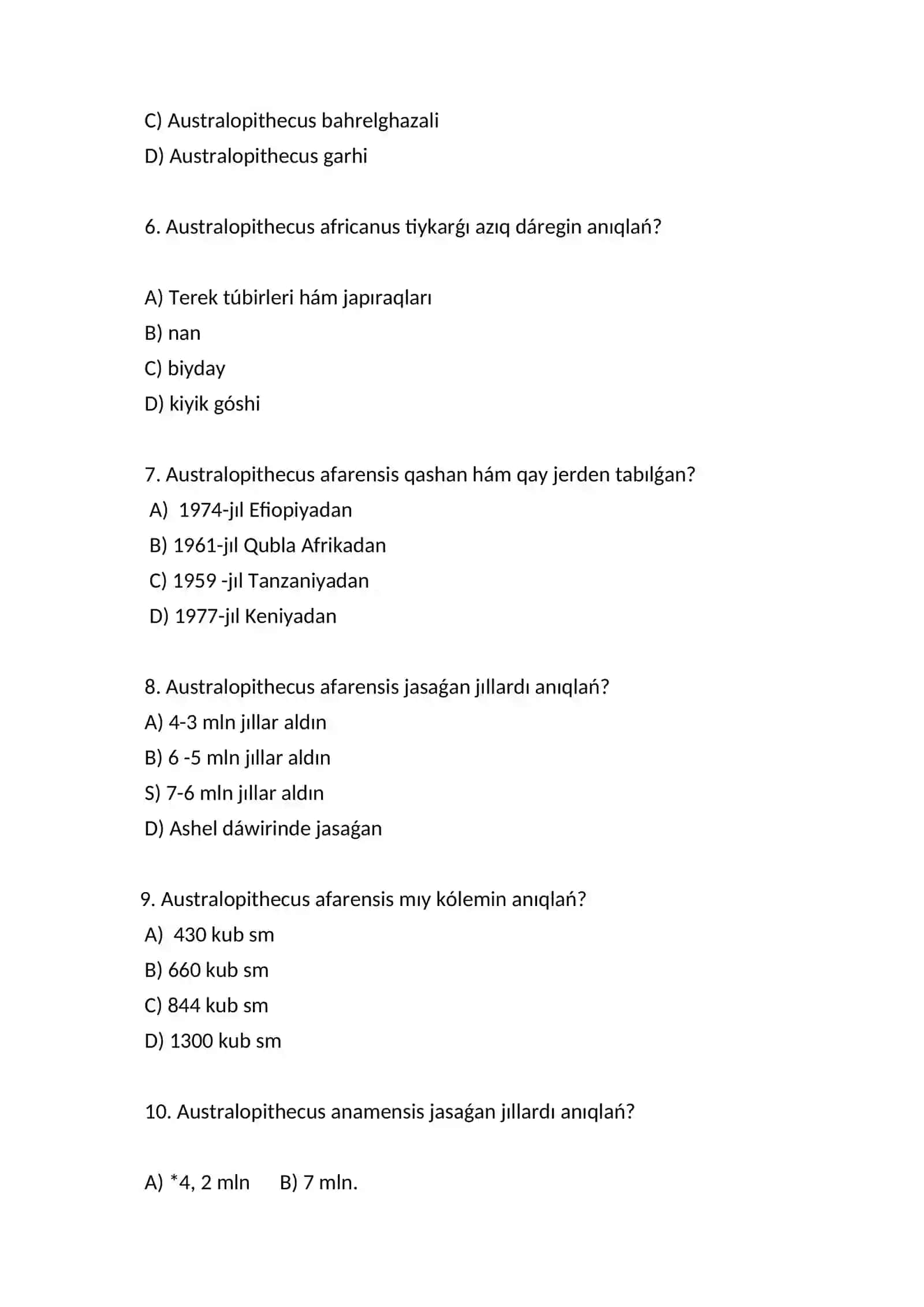 Avstrolopitekler ha'm olardın' turmıs ta'rzi Test 2