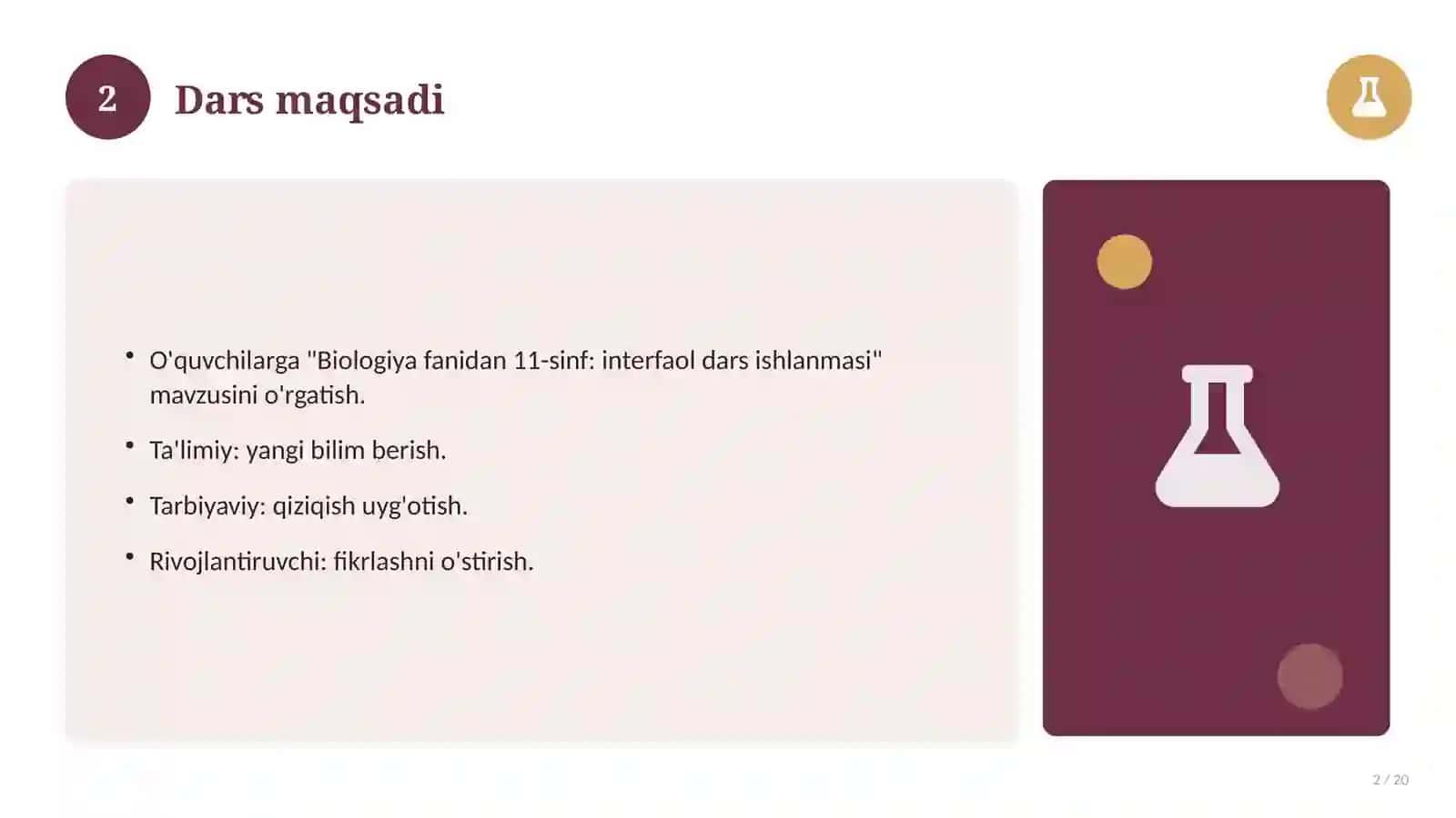 Biologiya fanidan 11-sinf: interfaol dars ishlanmasi 2