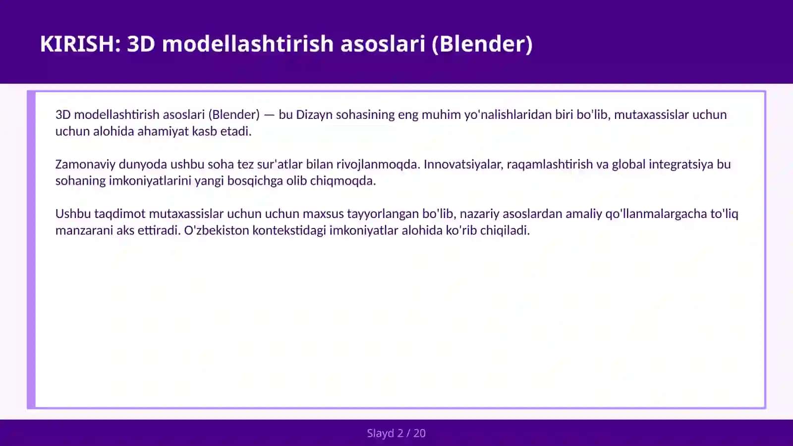 3D MODELLASHTIRISH ASOSLARI (BLENDER) 2