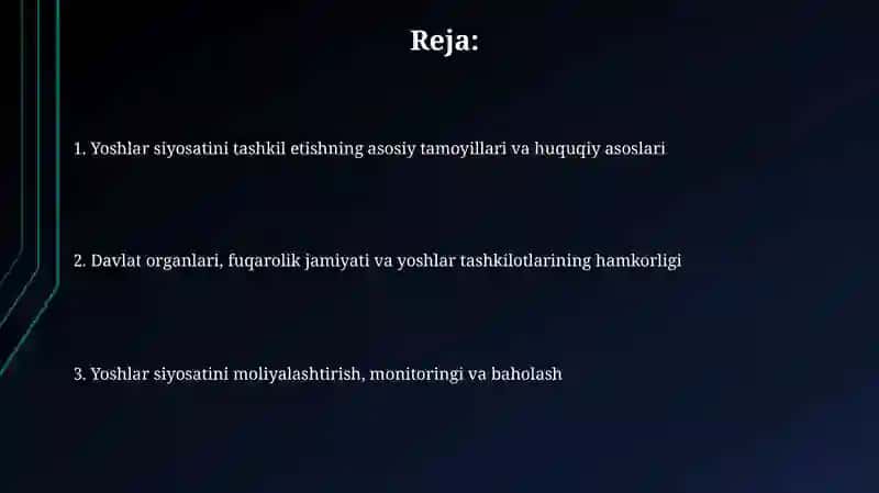 Yoshlar siyosatining izchil va samarali tashkil etish 2