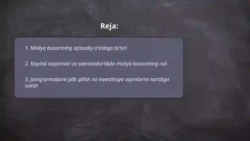 Moliya bozorining iqtisodiyotdagi o'rni. 2