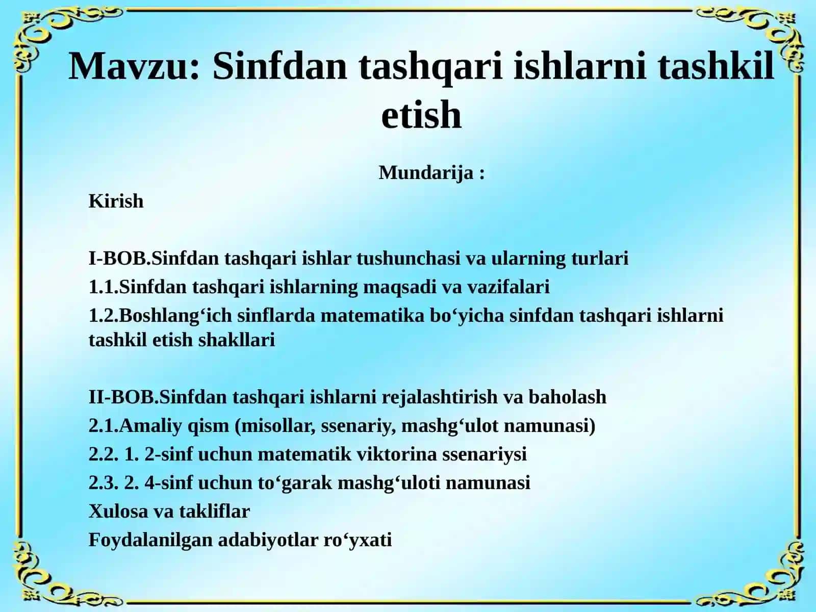 Sinfdan tashqari ishlarni tashkil etish 2