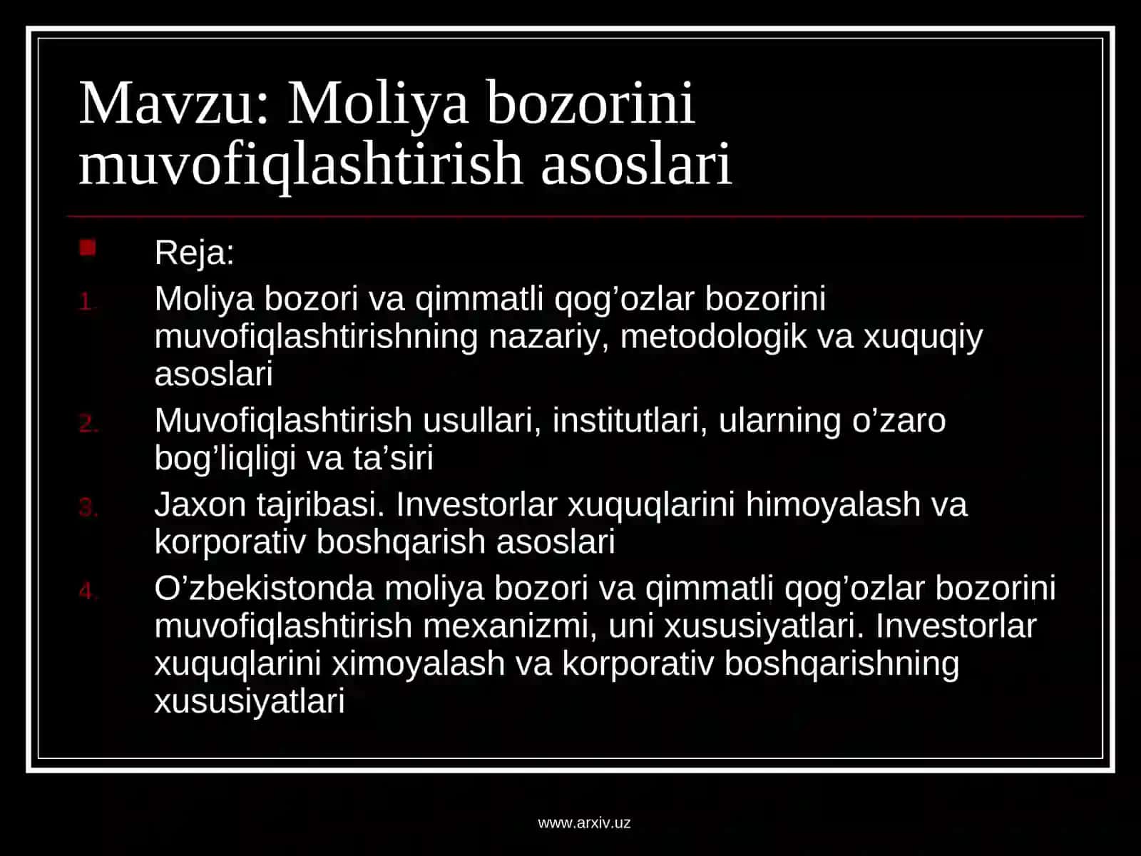 Moliya bozorini muvofiqlashtirish asoslari 2