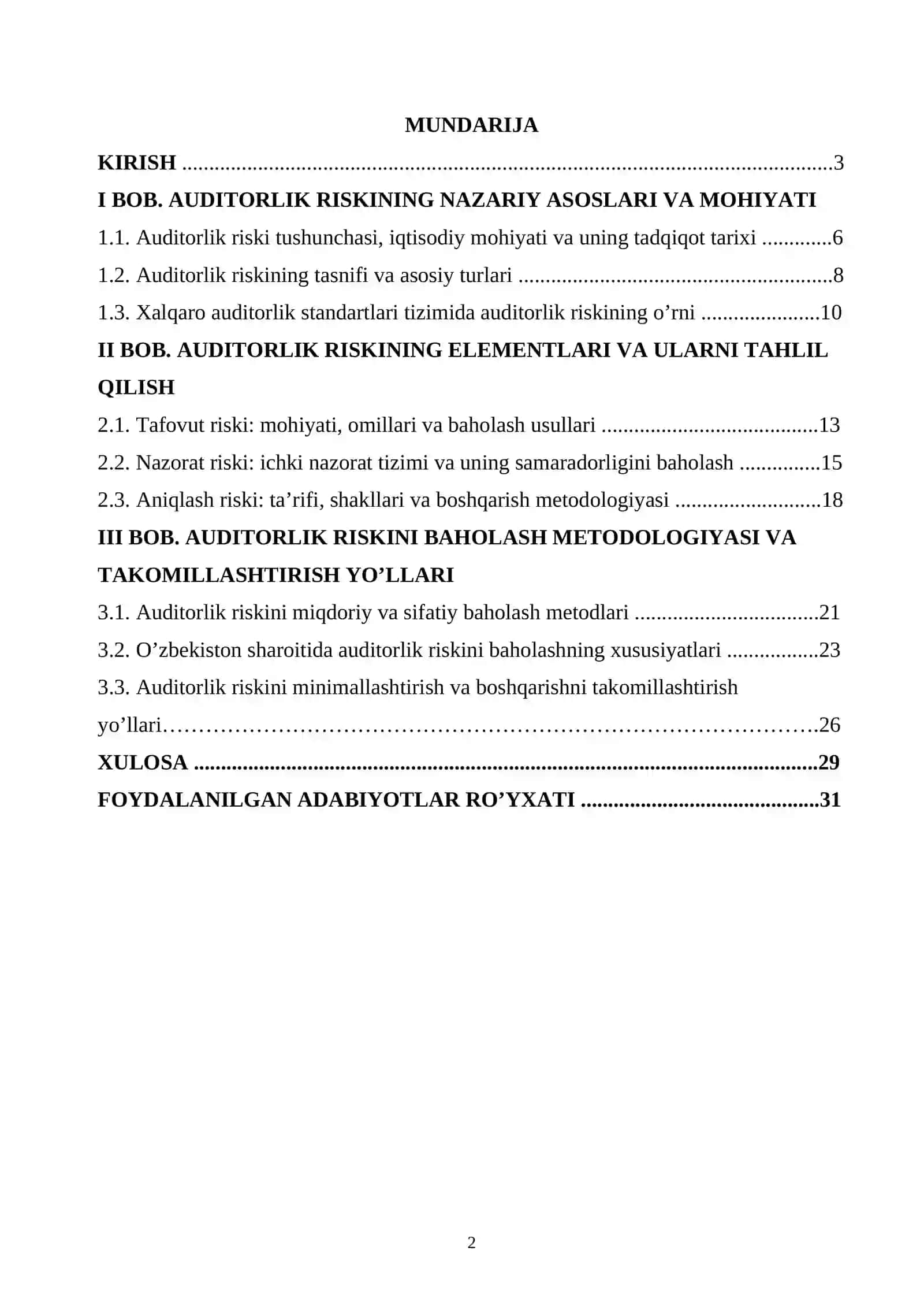 Auditorlik riski, uning elementlari va ularni baholash 2