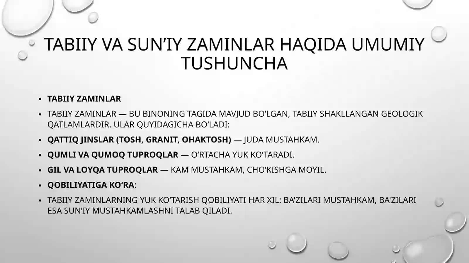Tabiiy va suniy zaminlar. Suniy asoslarni loyihalash. 2