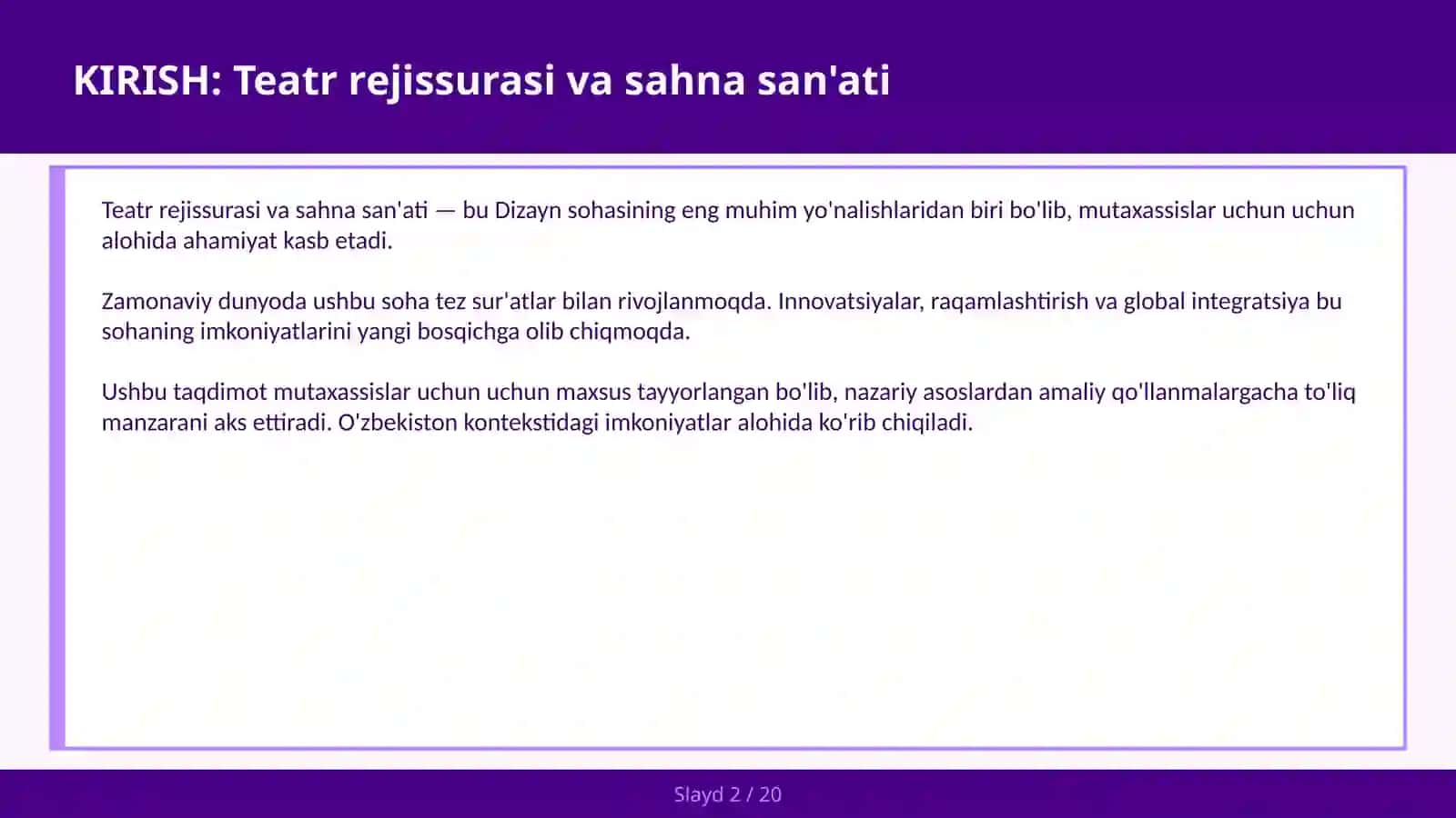 Teatr Rejissurasi va Sahna San'ati 2