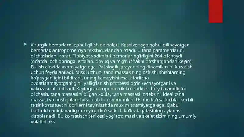 XIRURGIK BEMORLARNIQABUL QILISH.SANITAR ISHLOV BERISH.SARALASH 2
