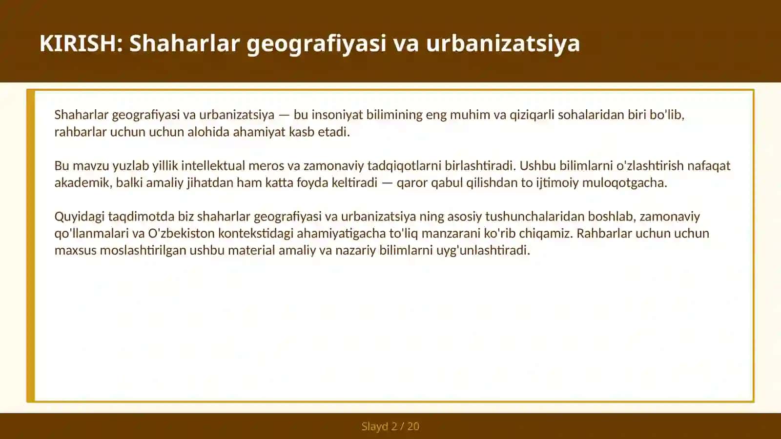 Megapolislar va shaharsozlik — rahbarlar uchun 2