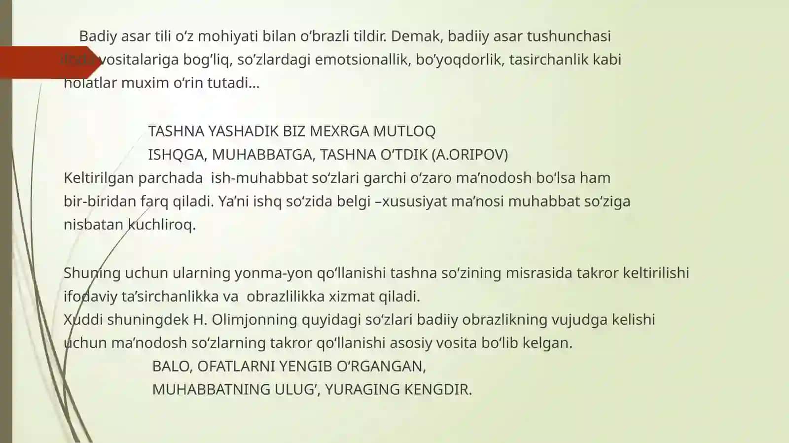 BADIIY NUTQNING ESTETIK TA’SIRI. O‘BRAZLI TIL. POETIK TIL. 2