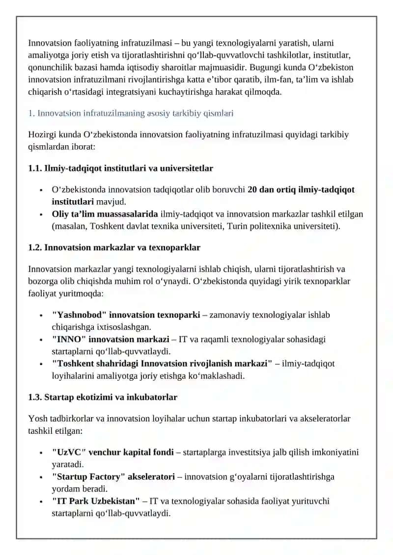 Innovatsion faoliyatni bugungi infiratuzilmasi 2
