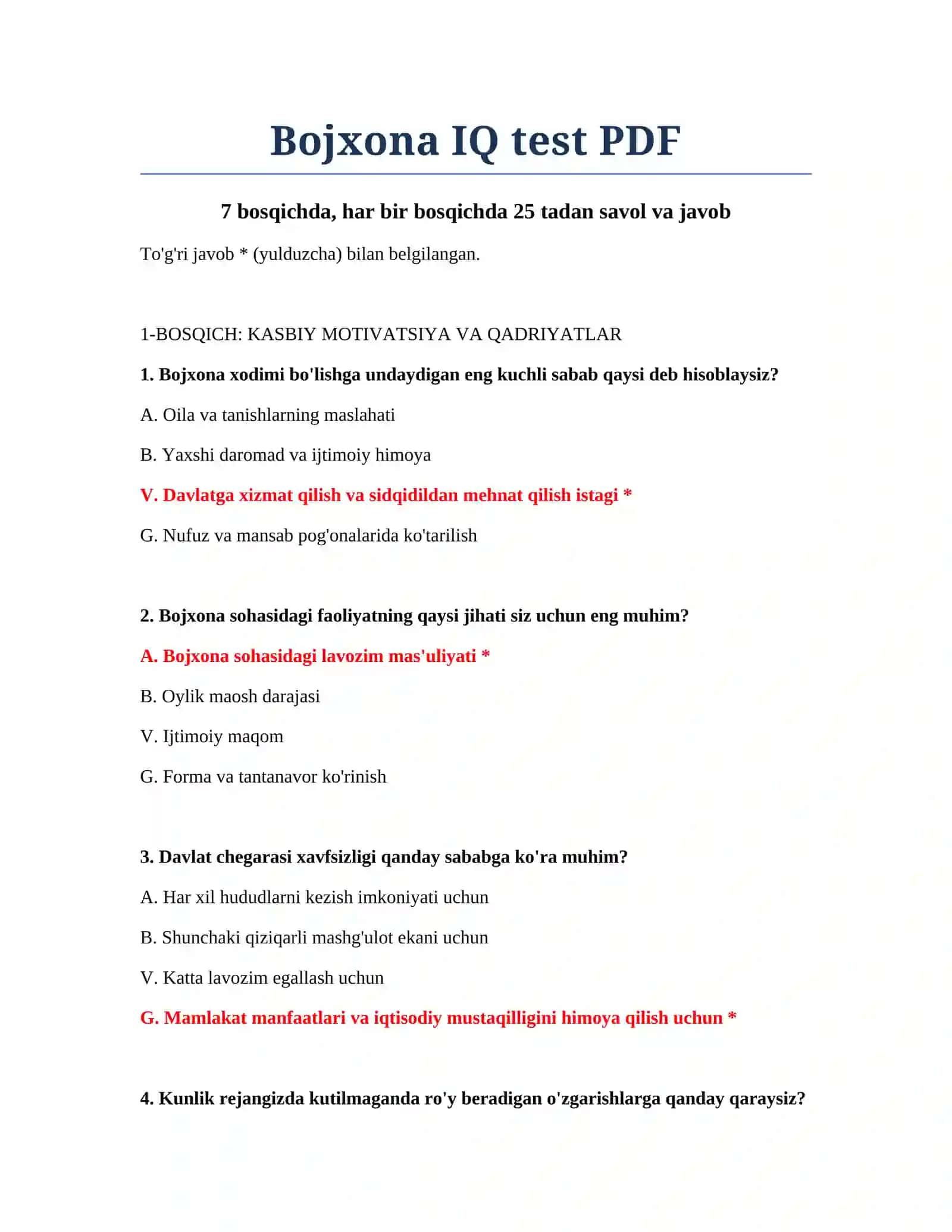 Bojxona IQ test PDF 2