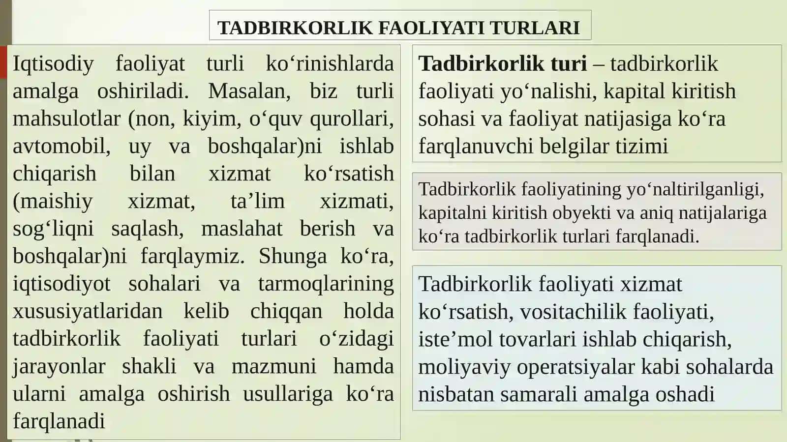 TADBIRKORLIK FAOLIYATI TURLARI 2