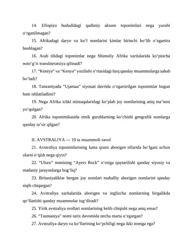 AFRIKA, AVSTRALIYA, OKEANIYA VA ANTARKTIDA TOPONOMIYASI 2