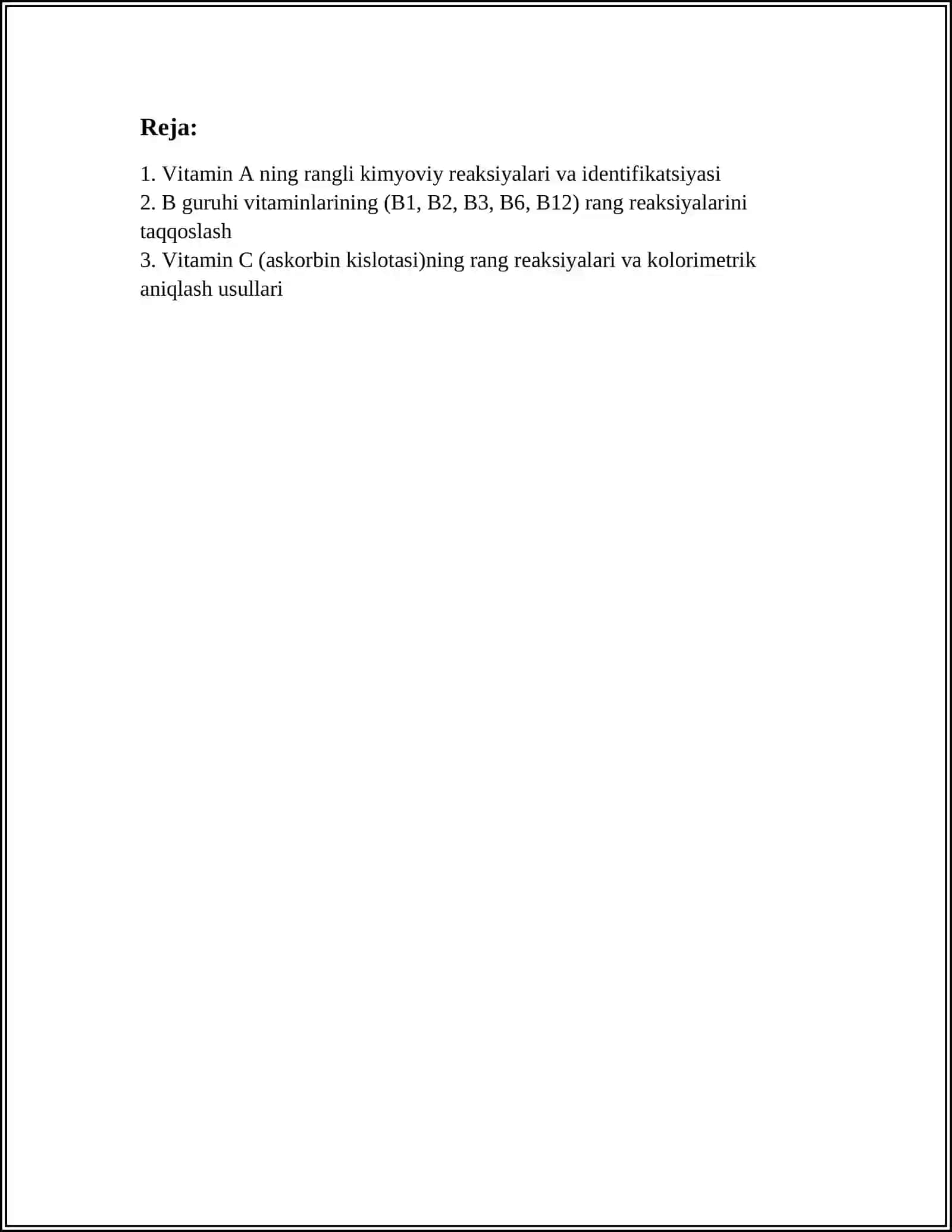 VITAMINLARNING A,B,C,D,E,K,H. RANGLI REAKSIYALARINI O‘RGANISH 2