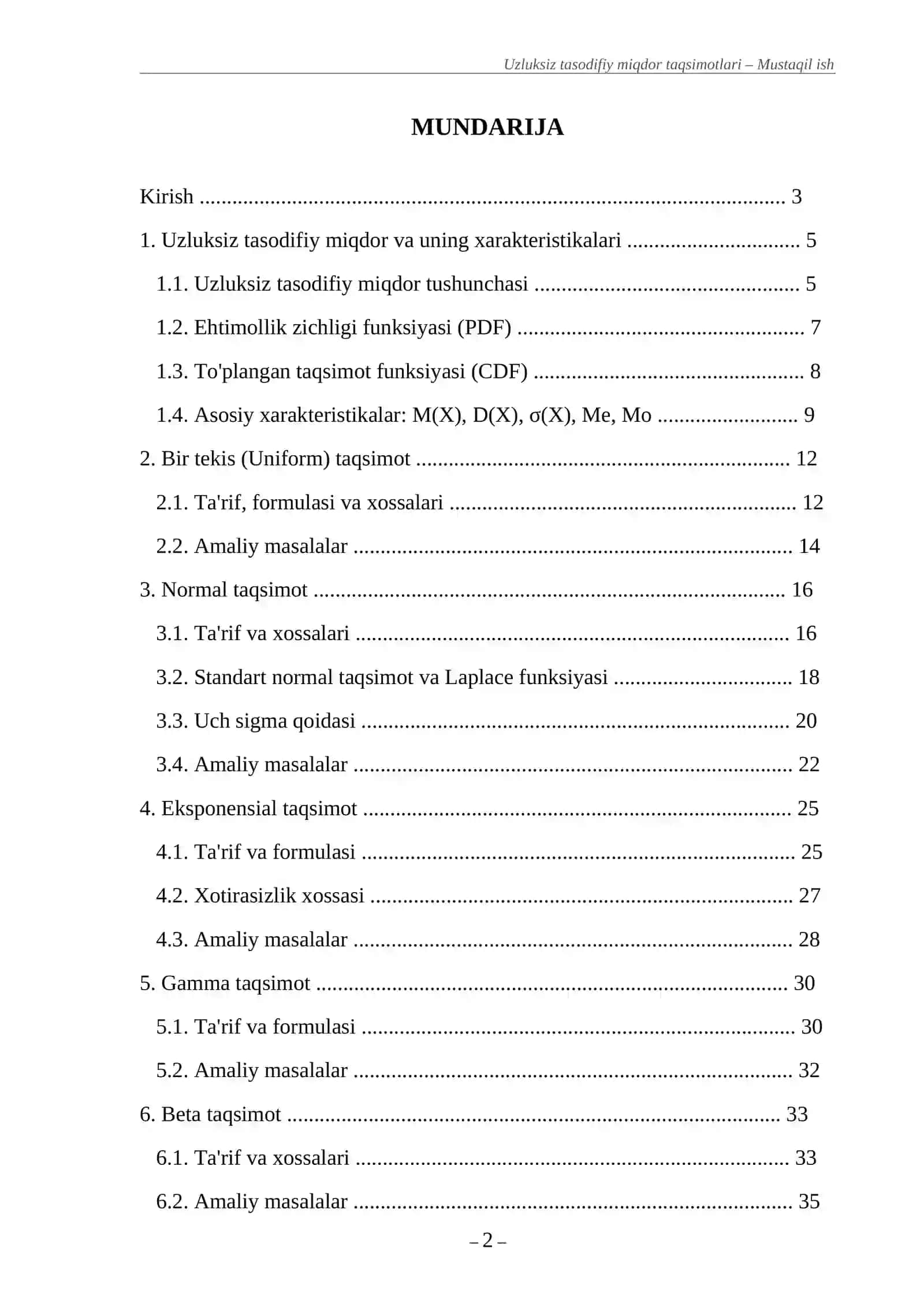 Uzluksiz tasodifiy miqdor taqsimotlari – Mustaqil ish 2