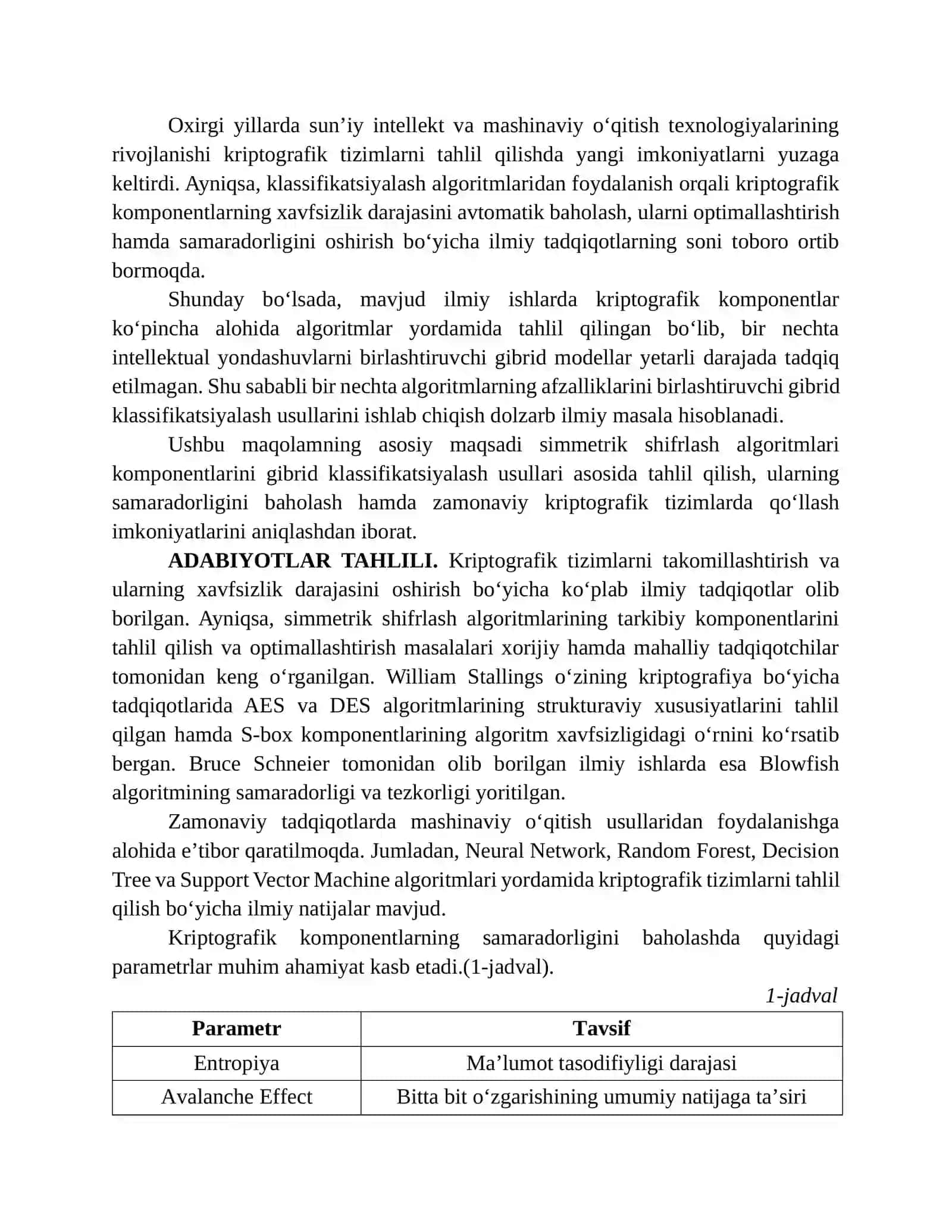 SIMMETRIK SHIFRLASH ALGORITMLARI KOMPONENTLARINI GIBRID KLASSIFIKATSIYALASH USULLARI 2