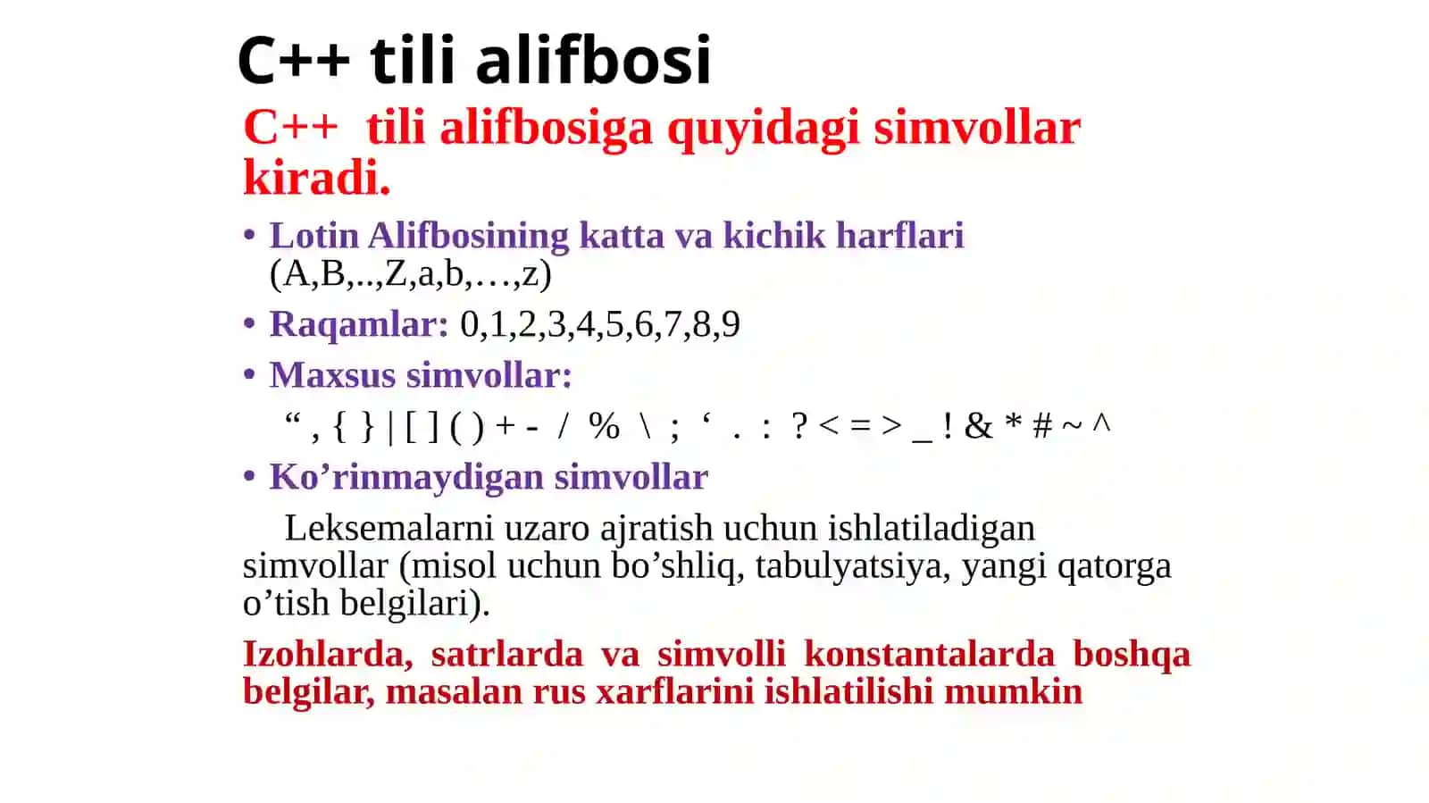 C++ dasturlash tili. C++ tili tuzilishi 2