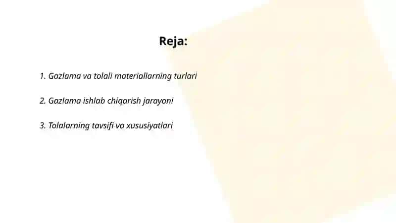 Gazlama va tolali materiallar bilan ishlash 2