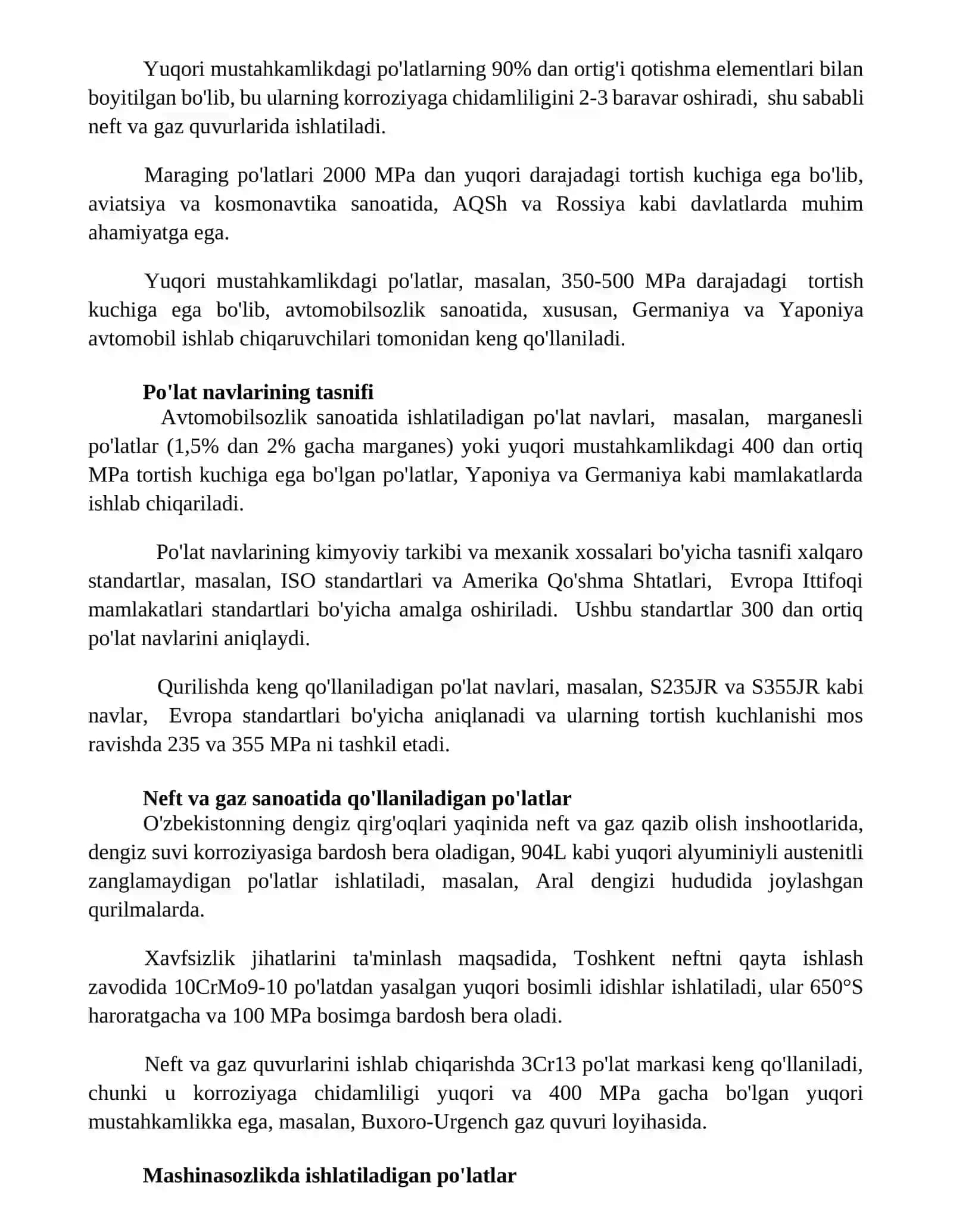 Sanoatda keng ishlatiladigan po'lat markalari 2