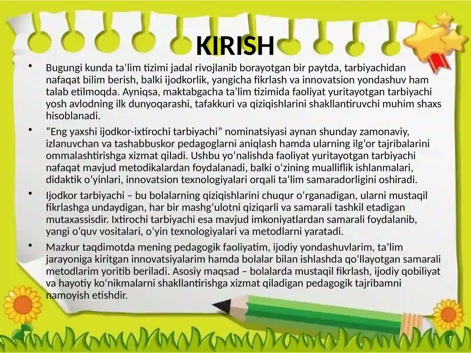 “ENG YAXSHI IJODKOR-IXTIROCHI TARBIYACHI” nominasidatayyorlagan TAQDIMOTI 2