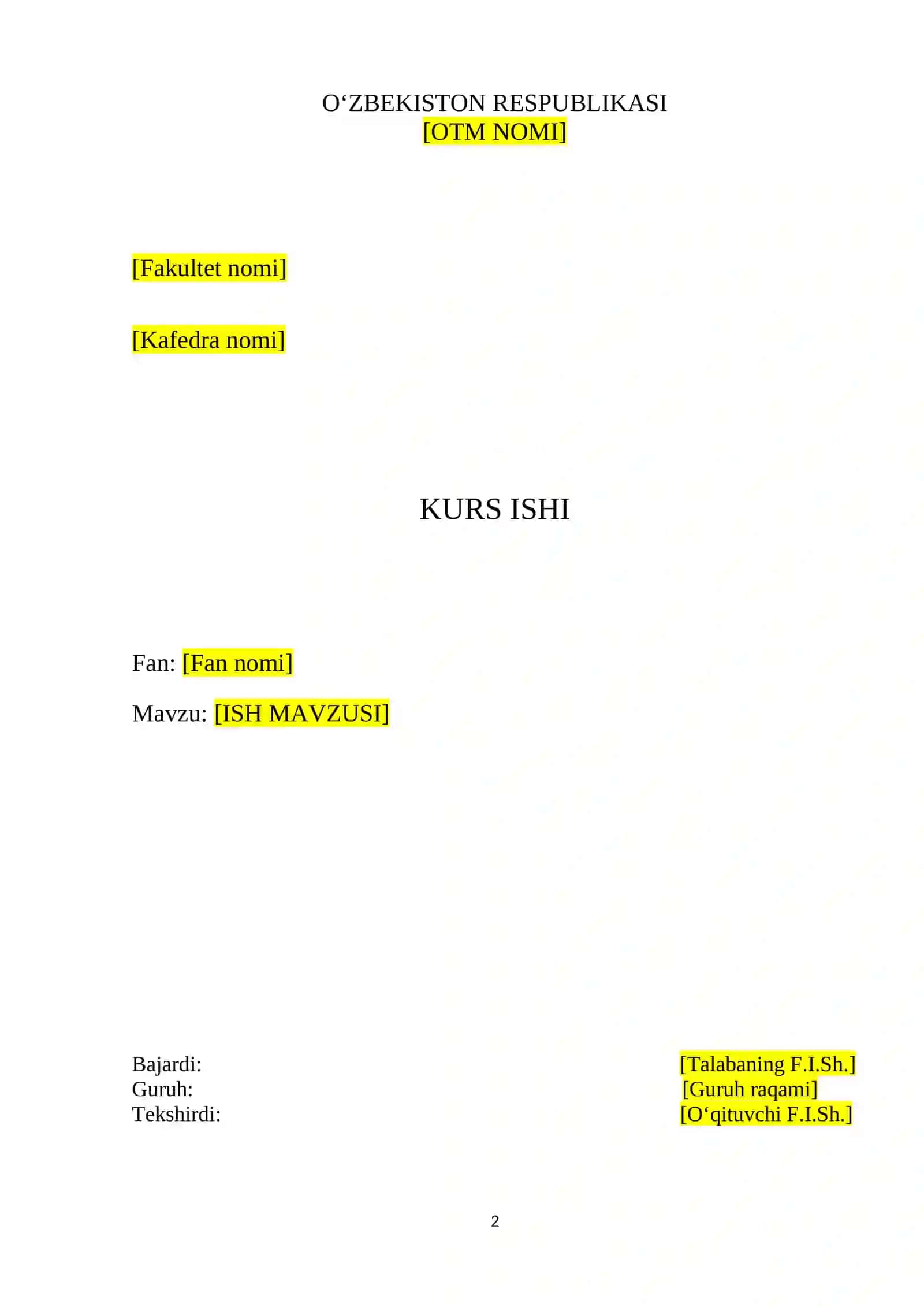 Kurs ishi Word shabloni (OTM standarti, avtomatik mundarija va format) 2