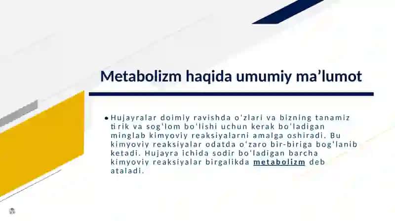 Metabolizm jarayonida energiya hosil bo'lishi va sarflanishi 2