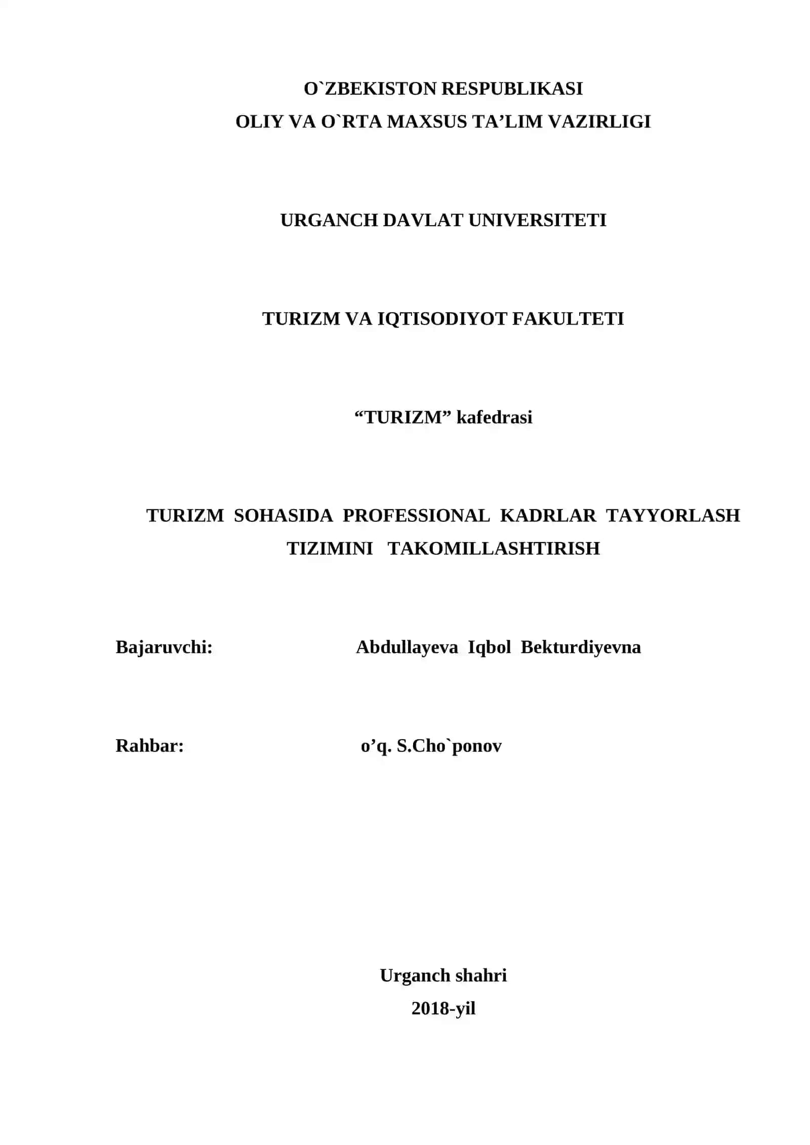 Turizm(faoliyat yo`nalishlari bo`yicha) 2