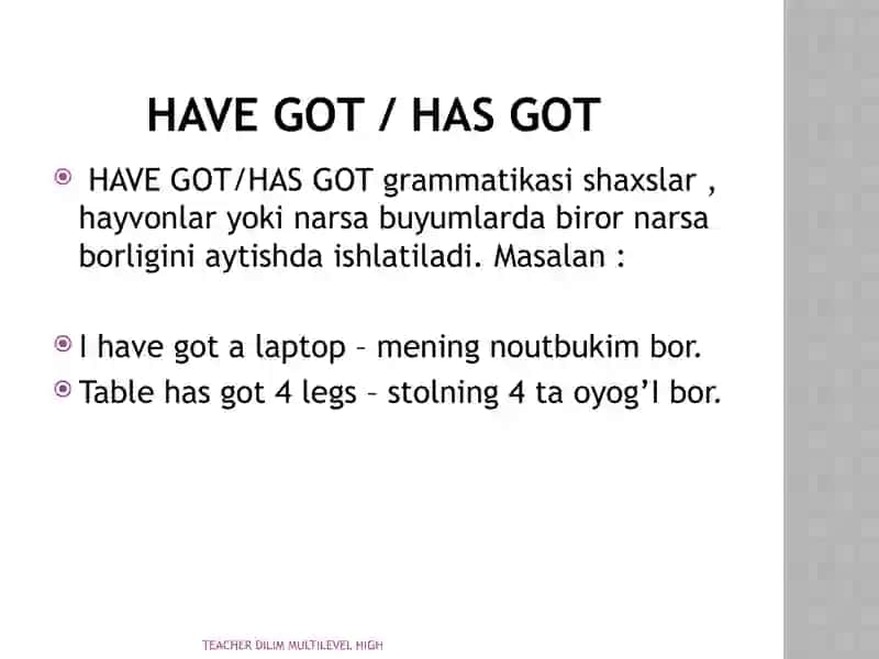 HAVE GOT /HAS GOT ENGLISH GRAMMAR O'ZBEKCHA TARJIMASI BILAN 2