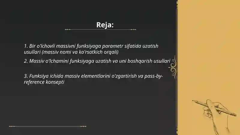 Bir o'Ichovli massivlarni funksiya parametrlari sifatida go'llanilishi 2