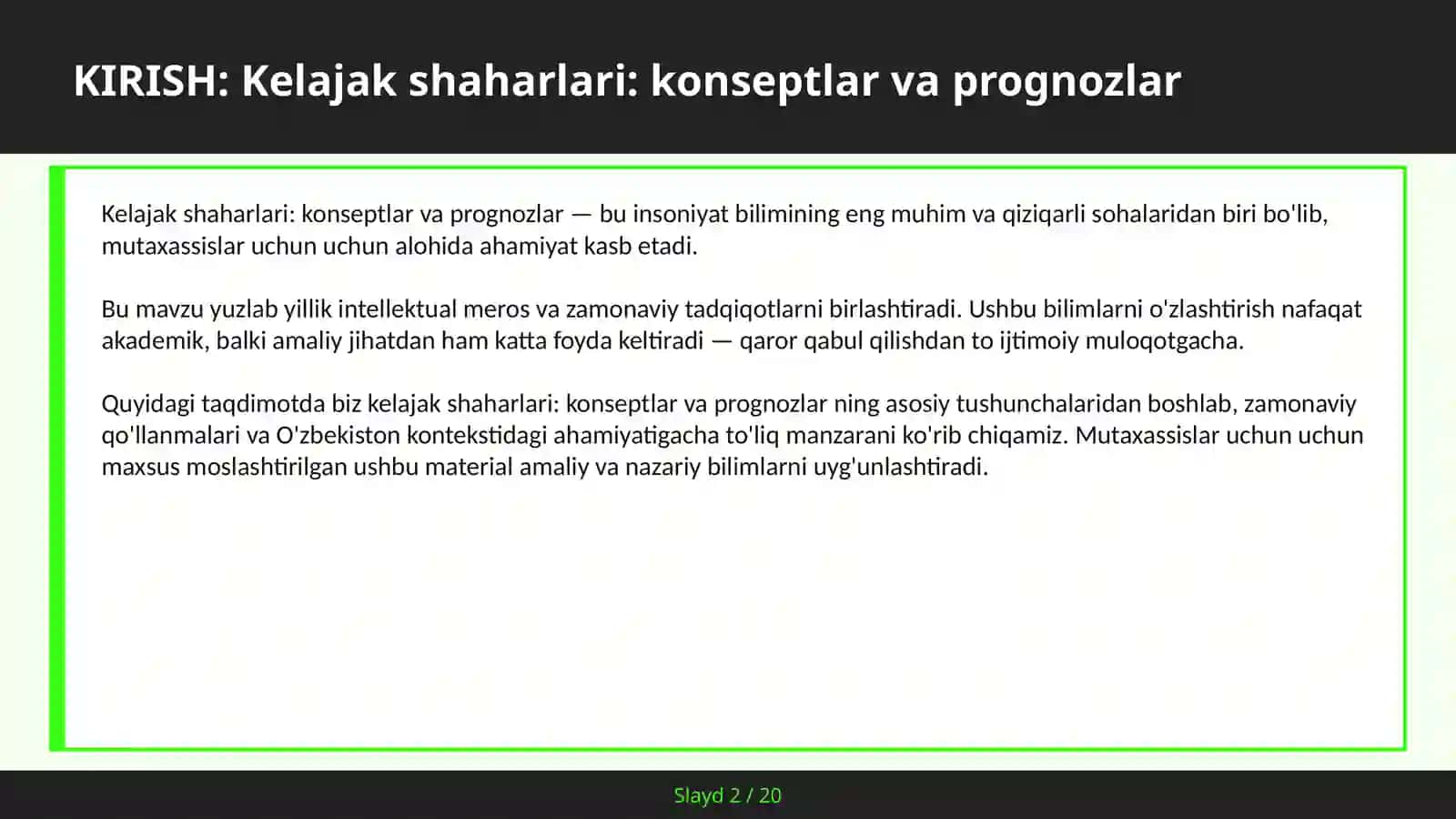 Kelajak shaharlari: konseptlar va prognozlar 2