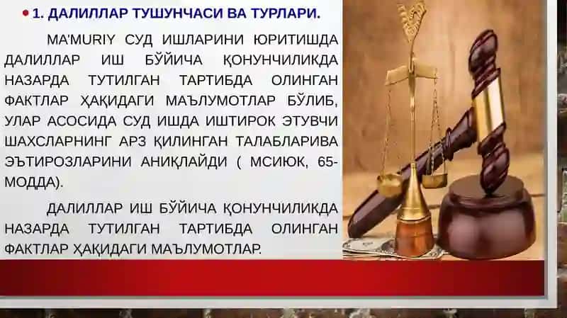 МАЪМУРИЙ СУД ИШЛАРИНИ ЮРИТИШДА ДАЛИЛЛАР ВА ИСБОТЛАШ 2