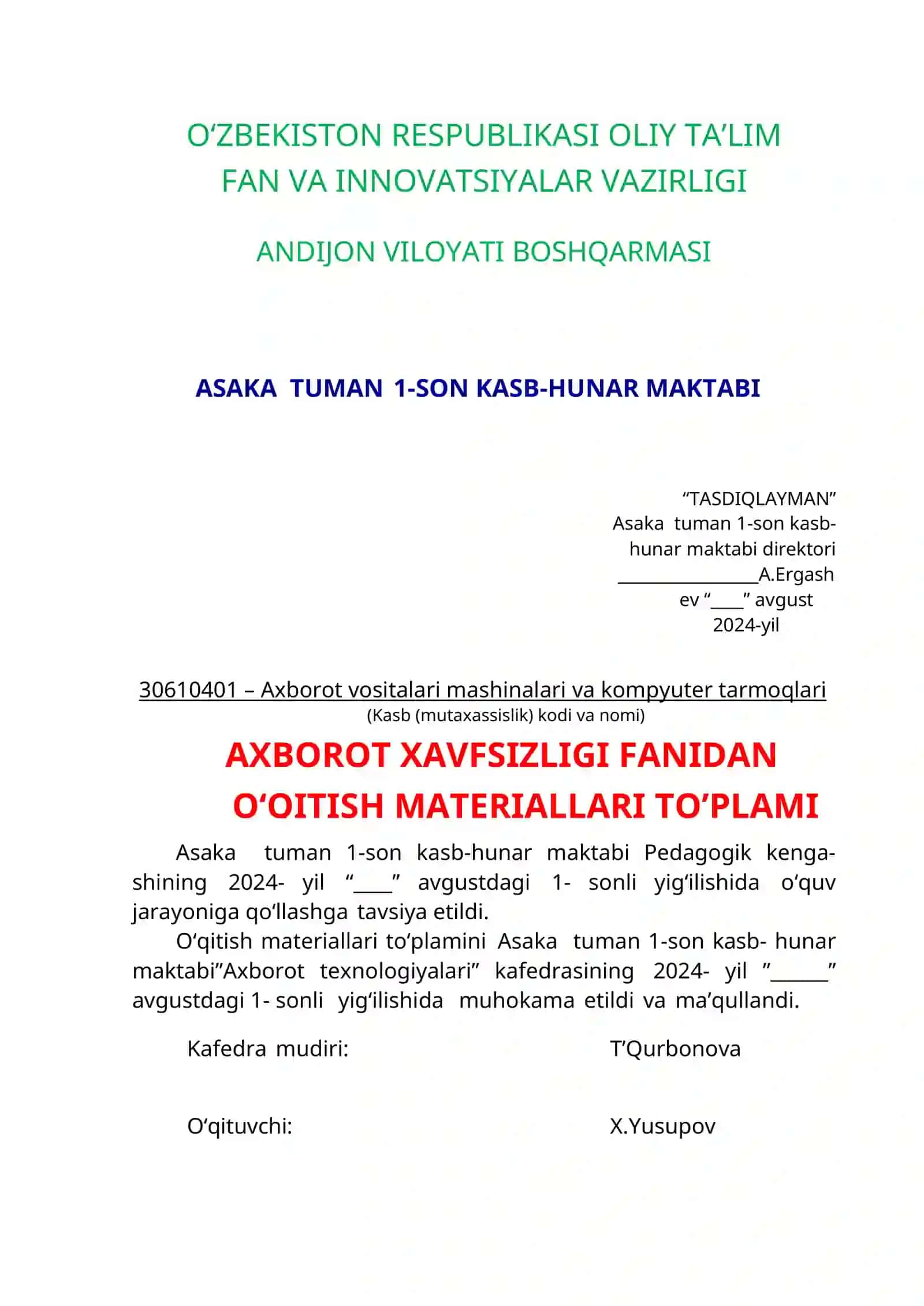 AXBOROT XAVFSIZLIGI FANIDAN O‘QITISH MATERIALLARI TO’PLAMI 2