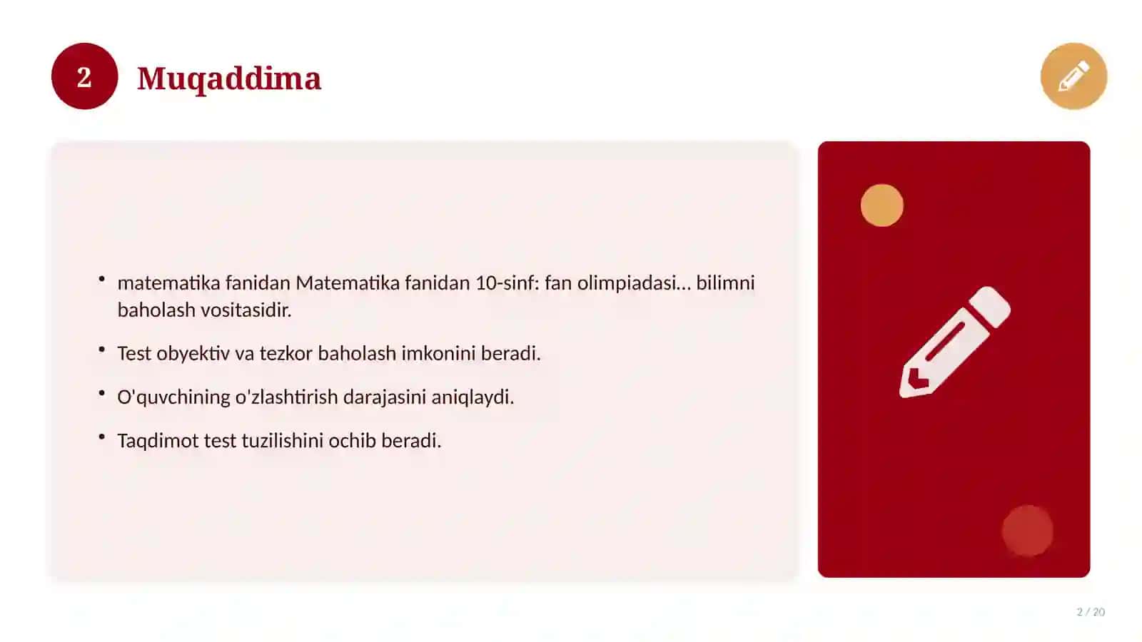 Matematika fanidan 10-sinf: fan olimpiadasi savollari 2